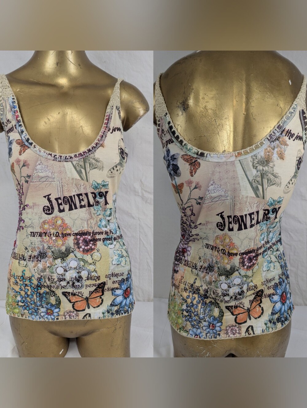 Kaity NWT Floral Butterfly With Crochet Trim & Embellishments Beige Tank Large